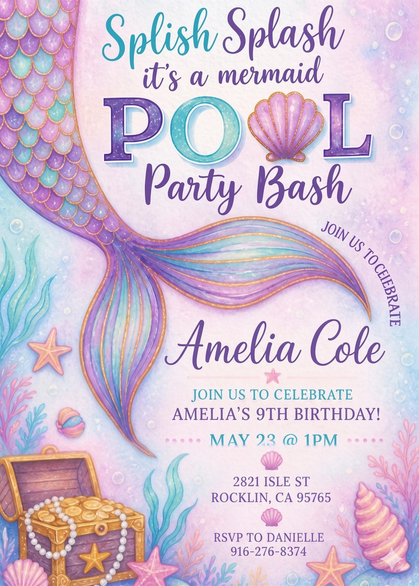 Amelia's Mermaid Pool Party Invitation